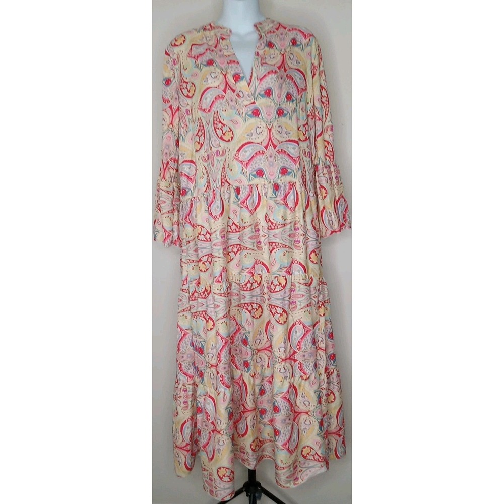 Sunday Up Yellow Paisley Multicolor Bell Sleeve V-neck Dress‎ Size M